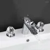 Badrumsvaskar kranar krom mässing vattenfall bassäng kran kallt vatten mixer tappar däck monterat 3 håls kristallhandtag