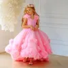 ピンク3Dアップリケさん、結婚式の幼児のための高いローフラワーガールドレスページェントガウンvネックフリルチュールバックレスキッズプロムドレス