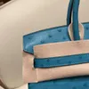 Handbag Platinum Ostrich Bag Home All Manual Waxed Thread Sewing South Africa Skin Portable Women's Real Peacock Blue Gold Button Genuine Leather