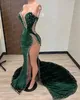 Party Dresses Green Velvet Sexy Prom Dresses Strapless Crystals Sparkly High Split Plus Size Women Long Evening Party Gowns Custom Made 230307