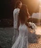 Vestidos de noiva de sereia de renda completa romântica para a noiva Deep V pescoço de miçangas trem de lantejoulas de lantejoulas sem costas vestido de noiva