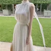 Casual Dresses Ruched Bandage Temperament Elegance Dress Summer Women White Beach Sleeveless Pure Color Korean Fairy
