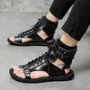 Sandals Summer Men Gladiators Lace Up Buckle Leather Casual Shoes Breathable Beach Sandals Outdoor Slippers Black White Plus Size 230307