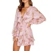 Skirts wsevypo Elegant Fashion Floral Chiffon Ruffles Dress Mini A-Line Fall Spring Women's Lantern Sleeve Deep V Tied Up Dress 230306