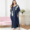 Etnische kleding Wepbel Blue Jacquard Long Batwing Sleeve moslimjurk Abaya Islamitische vrouwen losgebarterde kant kaftan