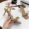 Dress Shoes Metal Chain High Heel Fairy Sandalen Square Toe Solid Colors Vrouwen Echt lederen ontwerper Sandalias Mujer 2023