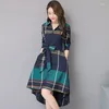 Casual Dresses AECU 2023 Autumn Women Long Shirt Plus Size Office Lady Lapel Sleeve Plaid Vintage OL Dress Blouse Coat Female