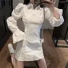 Casual Dresses French Retro Long-Sleeved Dress Female Design Autumn Side Lace Up Waist Slimming Short Kleid Robe Jurk