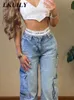 Women's Jeans Aesthetic Vintage Cargo Pants Y2k High Waist Straight Baggy Casual Chic Fake Zippers Pocket Female Trousers 230306