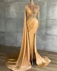 Party Dresses BridalAffair Gold Mermaid V Neck Lace Applique Long Sleeve Prom Dress Beaded Black Girl African Evening Gown robe de soiree 230307