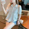 Kvinnors blusar Summer 2023 Design Sense Chic Polo Neck Puff Short Seeve White Shirt Women's Doll Blue Top