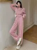 Women s Two Piece Pants Casual Pink Hooded Sweatshirts Tracksuit Women Coat Double Zip Up Crop Top Drawstring Waist Sweatpant Harem 2 Sets 230307