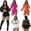 Women Designers Tracksuits Two Piece Set Sexy Long Sleeve Zipper Sheer Organza Crop Top And Shorts Elegant Outfits