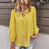 Kvinnors blusar Elegant Casual Puff Sleeve Women Shirt V Neck Solid Chiffon Blue 2023 Fashion Loose Tops Female Clothing Blusas 20559