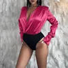 Women's Jumpsuits Rompers 2022 spring and summer new V-neck shoulder pad pleated long-sleeved shirt one-piece top sexy women's dress T230303