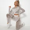 Women's Two Piece Pants Women Seamless Gym Sets High Waist Hollow Leggings Shirts Suit Long Sleeve Fitness Workout Sports Running Thin