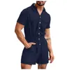 Men's Shorts Summer Loose Rompers Cotton Half Sleeve Button Pants Vintage Casual Solid Cargo Overalls Jumpsuit Trousers 230306