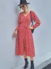 Casual Dresses Floral Print A-Line High Split Midi Dress Women V-ringen Långärmning Sashes Vintage 2023 Autumn Elegant