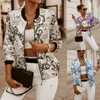 Kvinnorjackor Flower Print långärmad Bomber Jacket Fashion Zipper Up Vintage Coat Tops Elegant Slim Basic Ladies Outwear 230306