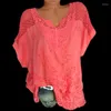 女性用Tシャツ2023爆発モデルソリッドカラーファッション女性レースVネックオープンワーク刺繍入り短袖のバットシャツW489