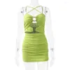 Casual Dresses 2023 Kvinnor Sexig solid V-ringning Kors Halter Dress Sleeveless Hollow Out Round Ring Tight Party Club Vacation P1091