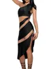 Casual Dresses Women Club Dress Sheer Mesh Patchwork One Shoulder Spaghetti Strap Oregelbunden hem