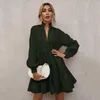 Casual Dresses Women's Pleated Skirt Solid V-neck Lantern Long Sleeve Dress Summer Sexy Loose High Waist Holiday Beach