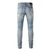 Men's Jeans Arrival Men's Distressed Light Blue Ripped Streetwear Damaged Rhinestones Painted Slim Fit Denim Pants Destroyed 6626