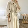 Casual Dresses 2023 Beige Cotton Linen Vintage Long Dress Sashes Women Spring Oversized V Neck Puff Sleeve Pullover Maxi