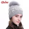 Beanies Beanie/Totenkopfkappen Geebro 2023 Winter gestrickter Kaschmir Slouchy mit Perlen Echtpelz Pom Mode wärmer einfarbige Rippenhüte