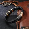 Link Chain Handmade Braided Leather Wristband Bracelets For Men Link Strand Fashion Magnetic Clasp Black Cord Vintage Wrist Band Ro Dh2Zc