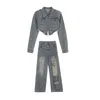 Jeans feminino 2023 Moda Autumn Denim Suit para shorts femininos Top Jacket Y2K Cloth Ripped Sweety Girl High Street