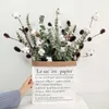 Couronnes de fleurs décoratives 4 têtes de branche de fleurs de coton séchées naturellement avec des feuilles d'eucalyptus artificielles vertes pour la couronne de mariage rétro Ho