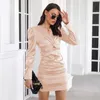 Casual Dresses Red Satin Wrap Mini Dress For Women Long Sleeve Pleated Stretch Short Female V Neck Lantern Elegant Party