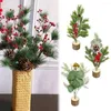 Fleurs décoratives cadeau base en bois décoration de la maison arrangement floral branches de pin plante artificielle feuilles de verdure baies rouges de Noël