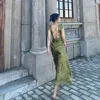 Robes Décontractées Élégant Vert Col En V Satin Jacquard Robe Femmes Dos Nu Sexy Maxi D'été Dames Vintage Vestidos Femme Vêtements DD158