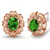 Aretes Clásicos Cristal Verde Esmeralda Piedras Preciosas Diamantes Flor Para Mujeres 14k Oro Rosa Lleno Joyería Accesorios De Fiesta