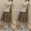 Skirts Japanese Vintage Woolen Ruffle Kawaii Plaid Pleated Skirt Women Brown Green High Waist Wild Cake Long Skirt Korean Cute Clothes 230308