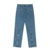 Men's Jeans Front Big Stars Embroidery Washed Retro Blue Jeans Pants Men's and Women's Back Zipper Straight Hip Hop Baggy Denim Trousers Z0301