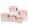 Groothandel Froosted Glass Cream Jar Clear Cosmetic Bottle Lotion Lip Balmcontainer met roségouden dekselverpakkingsflessen 5G 10G 30G 50G 100G