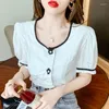 Women's Blouses Contrasting Square Collar Short-sleeved Shirt Women's Summer 2023 Round Neck Cardigan Pleated French Short Top Blouse