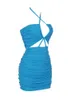 Casual jurken est dames zomer sexy halter backless mesh ruches blauwe mini bodycon bandage jurk 2023 elegante avondclubfeestje