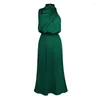 Casual Dresses Women Mock Neck Empire Waist Flared Slim-Fit Satin Long Dress Sleeveless Asymmetrical Solid Color Cocktail Evening Gown