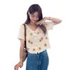 Women's Blouses & Shirts Women Summer Daisy Embroidery Short Sleeve Cardigan Hollow Out Crochet Knit Striped Crop Top V-Neck Button Down Swe
