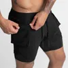 Shorts masculinos camada dupla 2 em 1 curto verão calças casuais com zíper de bolso rápido esportes de fitness de moda seca 230307