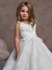 Vestidos de menina Flor branca de lantejoulas brancas para casamento 2023 Floral Apliques Long Princess Primeira Comunhão Vestidos com Feathers