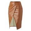 Skirts Women's Elegant High Waist Wrap PU Leather Midi Skirt 230308