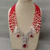 Chaînes 6 rangées de perles blanches de culture collier de jade rouge pendentif CZ 21"