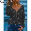 Women s T Shirt Fashion Love Heart Print Tops Female Zipper V Neck Slim Fit 2023 Autumn Women Elegant Long Sleeves Casual Tees 230307