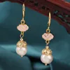 Kolczyki Dangle Summer Ethnic Freshwater Pearl Drop Vintage Flower Pink Cloisonne Chiński styl biżuterii dla kobiet